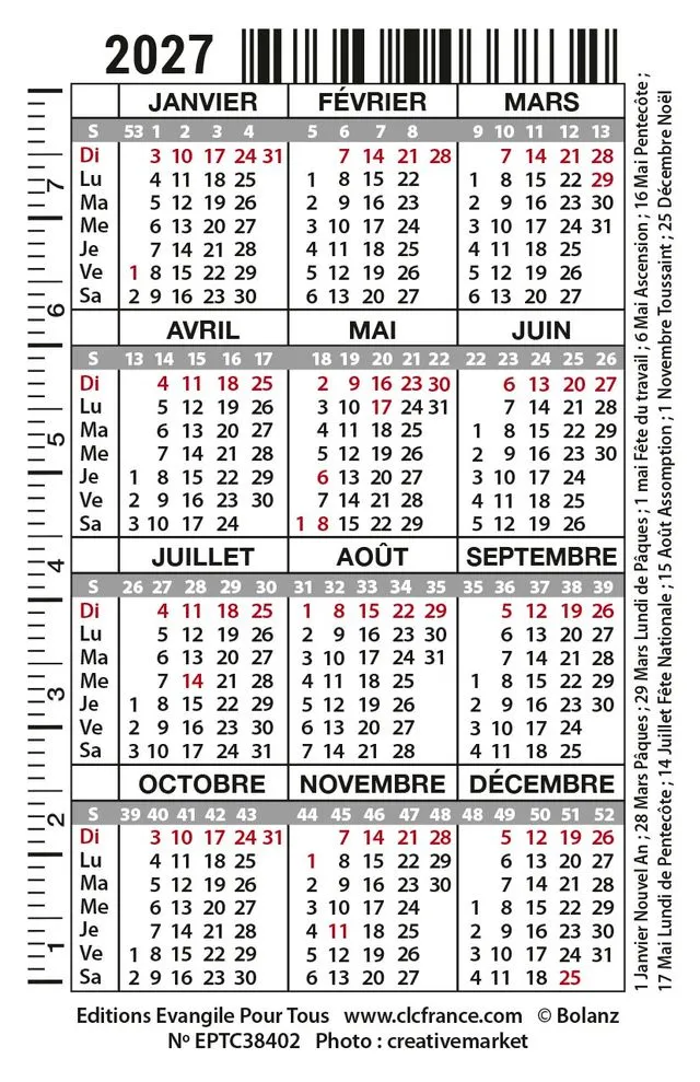 Calendrier format carte de crédit - Paysage